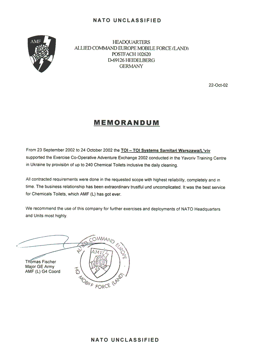 Подяка від ОЗС НАТО в Європі