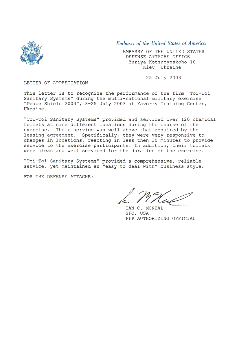 Letters of Appreciation from Embassy of the United States of America