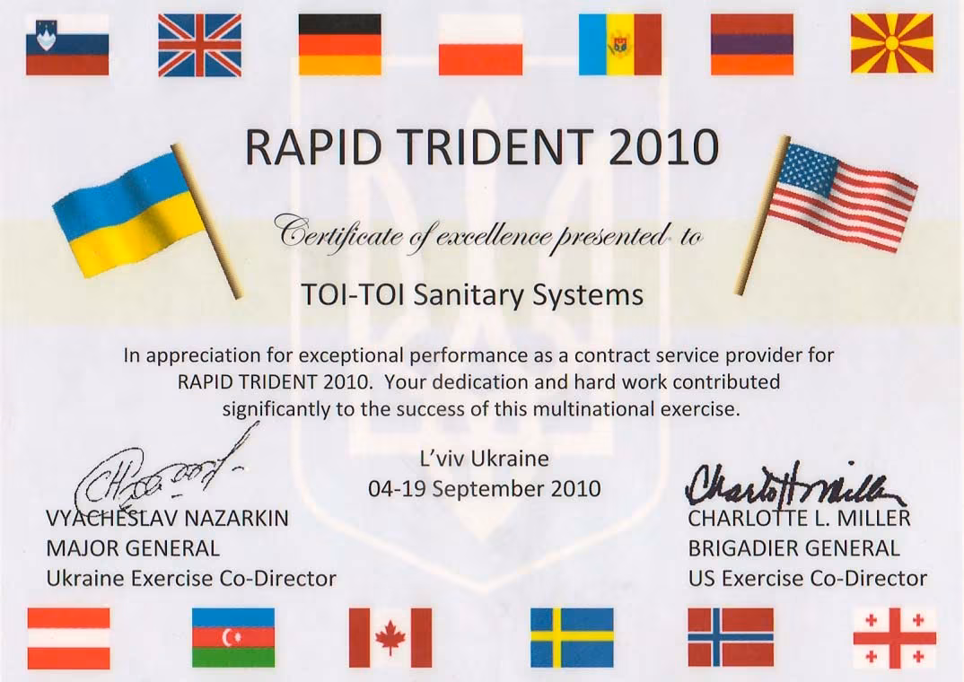 Certificate of Excellence Presented from Rapid Trident 2010